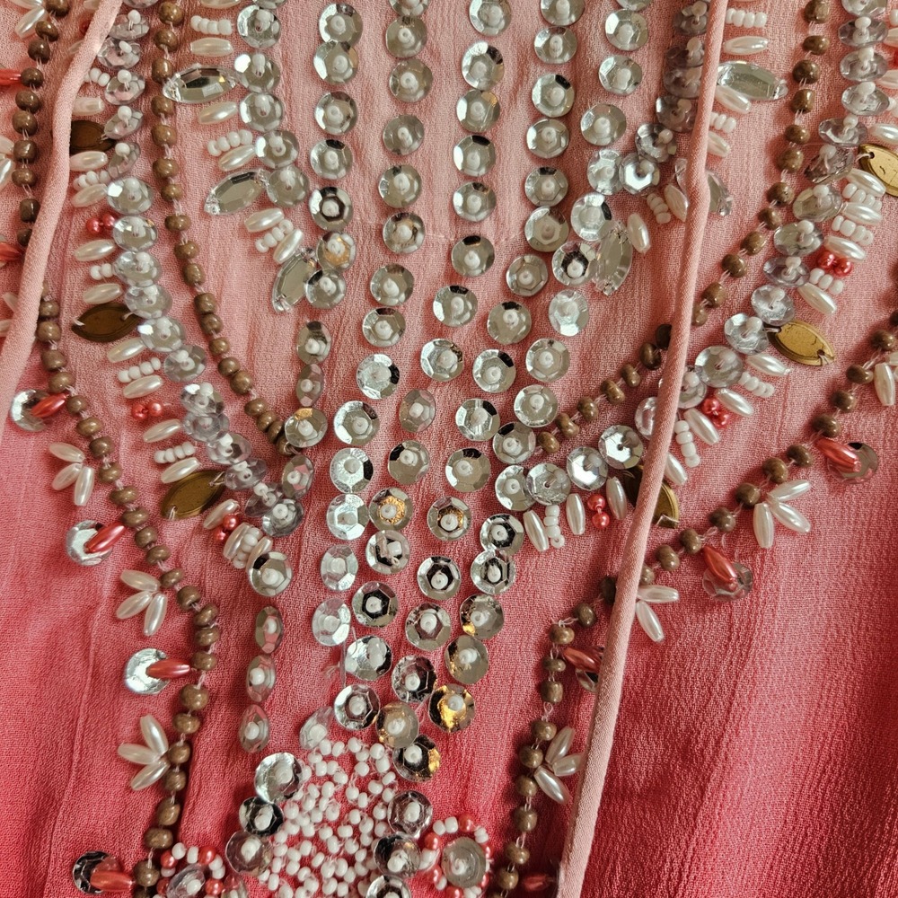 Ludi Pink Red Ombre Beaded Desert Boho Smocked Waist Long Sleeve Festival Top XL - Picture 12 of 12